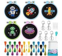 WATINC 9PCS Embroidery Cross Stitch Kits for Kids, Space Pattern Embroidery Beginners Set Stamped Cross Stitch Sewing Kit with Needle Point Keyrings, Starter Kit Sewing Set with Instructions