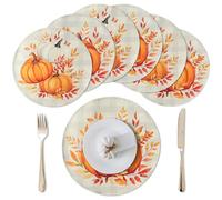 WATINC Autumn Pumpkin Fall Placemats, 6PCS Autumn Round Place Mats Set Thanksgiving Harvest Circle Placemat, Buffalo Plaid Leaves Table Plate Mat Fall Table Mats for Party Kitchen Dining Decoration