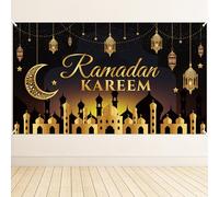 WATINC Ramadan Mubarak Party Decorations - Black Gold Banner Backdrop Fabric Photo Booth Prop Praty Hanging Decoration 78 X 45 Inch Eid Mubarak Decor for Table Wall Muslim Ramadan Party Supplies