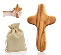 Watlikeup 10CM Handmade Olive Wood Holding Cross,with Linen Sack,Ergonomic Mini Wooden Cross for Prayer,Crosses,Meditation & Christian,Wooden Crucifix,Handmade Olive Wood Cross,for Men,Women