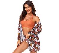 Watreketal 3Pcs / set Triangle-Halter Bikini-Bathing Suit with Cover Up Women Floral Printed Swimsuits Kimono-Cover Up High Waist Swimsuit Cover Up for Women