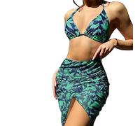Watreketal 3pieces Women Swimsuits Thong Bathing Suit Print Drawstring Bathing Suit with Cover Pleated Skirt Swim Top Beachwear Set Outfits for Women Beachwear Women Women Beachwear Seaside