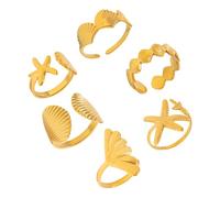 Watreketal 6Piece Adjustable Open Joint Rings Set Starfishes Shell Star Designs Hot Day Beach Jewelry Women Friend Sisters Holiday Themed Matching Assortment