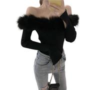 Watreketal Ladies Jumpers,Women's Off Shoulder Sweaters Pullover Furs Trim Boat Neck Long Sleeve Fitted Knitted Shirt Tops Going Out Top Black