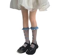 Watreketal Socks,Korean Style Women Floral Lace Calf Socks Sweet Girls Ruffled Trim Hollow Out Holes Bowknot Decor Thin Mesh Princess Tube Stockings