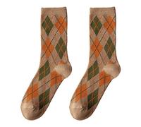 Watreketal Socks,Women Autumn Ethnic Argyle Diamond Print Crew Socks Vintage College Preppy Style Student Cotton Mid-Calf Tube Hosiery Gifts