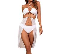 Watreketal Stylish Women ' s Swimsuit 3 PCS Bathing Swimwear Adjustable Strap Top High Cut Thong for Girls Ladies Womens Swimsuits High with Mesh Skirt Bathing Suit for Vacation
