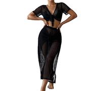 Watreketal Two Pieces Bikinis Cover Up for Women See Through Wide Leg Pants Sheer Crop Tops Set Female Sun-Protection Outfits Womens Sheer Crop Tops and Wide Leg Pants Set Two Pieces Bikinis Cover Up