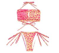 Watreketal Women 2 Pieces Set Strapless Hollow Out Ruched Bandage Swimsuit Rainbow Tie-Dye Leopard Print Side Tie Bathing Suit Beachwear Tie-Dye Leopard Bathing Suit