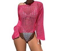 Watreketal Women Bikinis Cover Pullover Crop Top Hollow-Out Crochet Long Sleeve Mesh Beachwear Down Sleep Swimwear Cover Up Dress