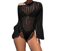 Watreketal Women Bikinis Cover Pullover Crop Top Hollow-Out Crochet Long Sleeve Mesh Beachwear Down Sleep Swimwear Cover Up Dress
