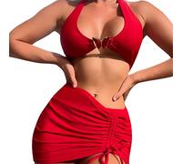 Watreketal Womens 3 Pieces Swimsuits Lady Bikinis Set Color Bathing Suit with Drawstring Beach-Skirt for Vacations