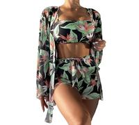 Watreketal Womens 3Pcs Floral Print Swimming Suit Set with Midi-Cover Up Three-Pieces Swimsuits Bathing Suit Beachwear Cover-ups for Women Long Sleeve Dress Cover-ups for Women