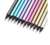 Watris Veiyi 12 Sticks Metallic Colouring Pencils, Black Wood, 17.5 cm / 6.9 Inch Neon Colouring Pencils, Colouring Pencils Set for Colouring and Drawing
