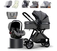 3 in 1 Baby Stroller Travel Systems Bassinet Stroller for Foldable Baby Stroller with Easy Fold Stroller Footmuff Blanket Cooling Pad Rain Cover Backpack A