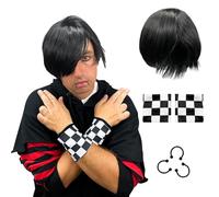 Watt's Wigs - Emo Costume Set for Men - 2000s Goth Pop Punk Scene Kid Party - Black Wig, Fake Piercings, Checkered Wristbands, Fishnet Gloves, and Studded Bracelet