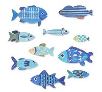 WATUNID 10PCS Fish Wall Decor, Wooden Nautical Decor Ocean Wall Art Hanging Decor, Coastal Decor Blue Fish Sculpture Ornaments for Home Bedroom Bathroom Lake House, Flat Printing Not 3D Pattern