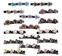 WATUNID 16PCS Glittering Crystal Stone Braided Hair Clipss, Rhinestone Pearl Four-Leaf Clover Rose Flower Double Layer Sectioning Hair Clips with 3 Small Clips, Hair Accessories for Women and Girls