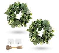 WATUNID 2PCS Artificial Eucalyptus Wreath for Front Door, 14 Inch Green Leaf Wreaths With 1PC Rope and 2PCS Hook, Spring Summer Door Wreath for Fireplace Wall Window Farmhouse Festival Garden Decor