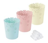 WATUNID 3Pcs Mini Bin with 180 Trash Bags, Hollow Flower Small Kitchen Bin Waste Basket, Plastic Countertop Tiny Room Bin for Bedroom, Kitchen, Office, Car, Vanity Tabletop(Pink, Blue, White)