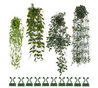 WATUNID 4 Pack Artificial Hanging Plant with 10Pcs Plant Climbing Clips, Fake Hanging Plants with Pot, Fake Ivy Potted Plants, Greenery Faux Vegetation for Indoor Outdoor Garden Decoration (4 Styles)