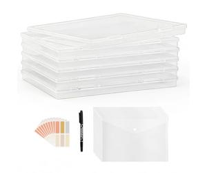 WATUNID 6 Pcs Portable A4 File Box, Clear Plastic Storage Box with 6Pcs A4 Plastic Wallets +10 Pcs Label + 1 Pcs Marker, Waterproof Document Box for School, Travel, Office Supplies, Photos, Magazine