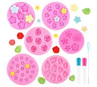 WATUNID Flower Silicone Moulds, 6Pcs 3D Fondant Rose Daisy Leaf Chocolate Molds with 2 Droppers and Brush, Reusable Cake Mould for Cake Decorations Wax Melts Polymer Clay Soap Crafting Jelly