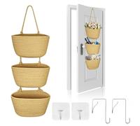 WATUNID Over Door Storage Hanging Basket, 3 Tier Wall Mount Hanging Storage Basket with 4 Pcs Hooks, Woven Cotton Rope Storage Basket Decorative for Bedroom, Living Room, Bathroom, Nursery(Jute)