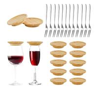 WATUNID Wine Glass Charcuterir Topper, 12Pcs Bamboo Wine Glass Cover Charcuterie Board Topper with 12PC Stainless Steel Fruit Forks, Wine Glass Topper Coaster for Family Gathering Party Restaurant Bar