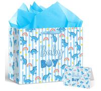 Wauprant Blue Dinosaur Baby Boy Gift Bag Cartoon Dino Egg Baby Shower Birthday Gift Bag with Tissue Paper Greeting Card Large Rainbow Paper Bag for Newborn Gender Reveal Party Decorations Supplies