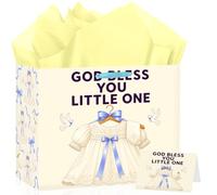 Wauprant God Bless You Little One Gift Bag Set, Light Blue Baptism Present Bags with Ribbon Handles Greeting Card and Tissue Paper for Baby Boy Christening Dedication Party Supplies