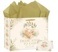 Wauprant Large Dedicated to God Gift Bag Set with Greeting Card and 3 Tissue Paper Sheets, Christian Religious Gift Wrapping for Baby Dedication, Baptism, Christening and First Communion