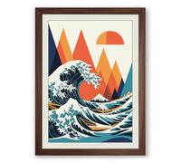Wave and Mountain Descent Japandi Framed Wall Art Print A4 (29.7×21cm) Walnut, Wall Decor for Living Room, Bedroom, Office & Home, Ready to Hang, Art Gift