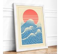 Wave and Rising Sun Japandi Framed Wall Art Print A2 (59.4×42cm) White, Wall Decor for Living Room, Bedroom, Office & Home, Ready to Hang, Art Gift