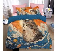 Wave Cat Print Bedding Set Soft Microfiber Japanese Ukiyo-E Art Style Duvet Cover With A Sense Of Orange Color For Kids,Adults,With Hidden Zipper Quilt Cover Pillowcase 3 Pcs Set King (220 X 230 Cm)