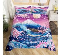 Wave Comforter Cover Japanese Ukiyoe Duvet Cover for Kids Boys Girls Teens Cherry Blossom Lake View Single Bedding Set,Fuji Mountain Bedspread Cover Pink Blue