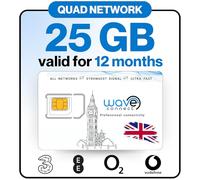 Wave Connect Quad Network Data Only SIM Card, Three, EE, O2, Vodafone, 4G LTE + 5G Prepaid, Activates On First Use, Includes UK, Ireland, EU, For Unlocked IoT Devices, Cameras (25GB | 12 Months)