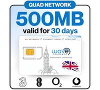 Wave Connect Quad Network Data Only SIM, Three, EE, O2, Vodafone, 4G LTE + 5G Prepaid, Activates On First Use, Includes UK, Ireland, EU, For Unlocked IoT Devices, Security Cameras (500MB | 30 days)