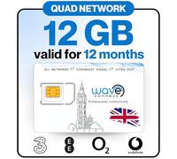 Wave Connect Quad Network Data Only SIM, Three, EE, O2, Vodafone, 4G LTE + 5G Prepaid, Activates On First Use, Includes UK, Ireland, EU, For Unlocked IoT Devices, Security Cameras (12GB | 12 Months)