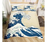Wave Duvet Cover Set, Sea Ocean Waves Nautical Bedding Set Hand Drawn Japanese Motifs Illustration Wave Bedding Ukiyoe Themed Decorative Comforter Cover with Zipper Closure, Junior/Cot Bed, Blue Cream