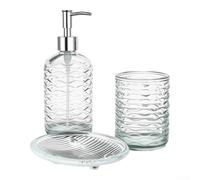 Wave Glass Bathroom Set 3-Piece Soap Dispenser Cup Dish | Ripple embossed texture, modern decor flair, 500ml dispenser, 300ml tumbler, matching soap dish