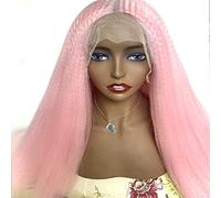 Wave Lace Front Wigs Kinky Straight High Temperature Fiber Hair Lace Front Wigs for Black Women Pre Plucked 18-28inches Synthetic Glueless Lace Frontal Wig Natural Synthetic Hair Wigs(Pink Kinky Strai