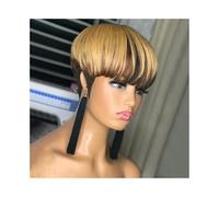 Wave Lace Front Wigs Short Human Hair Pixie Cut Wigs with Bangs Black and Blonde Wigs Straight 150% Density Natural Synthetic Hair Wigs