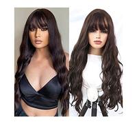 Wave Lace Front Wigs Synthetic Hair Long Wavy Black/Brown Color Wigs with Fluffy Bangs for Women to Wear Daily 32inch Heat-Resistant Fiber Wigs with Bangs Natural Synthetic Hair Wigs(66A)