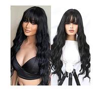 Wave Lace Front Wigs Synthetic Hair Long Wavy Black/Brown Color Wigs with Fluffy Bangs for Women to Wear Daily 32inch Heat-Resistant Fiber Wigs with Bangs Natural Synthetic Hair Wigs(1B)