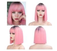 Wave Lace Front Wigs Synthetic Wigs Short Straight Bob Wigs with Bangs for Women Black Pink Purple Red Natural Hairline Wigs Natural Synthetic Hair Wigs(1B-Pink)