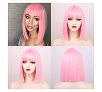 Wave Lace Front Wigs Synthetic Wigs Short Straight Bob Wigs with Bangs for Women Black Pink Purple Red Natural Hairline Wigs Natural Synthetic Hair Wigs(Pink)