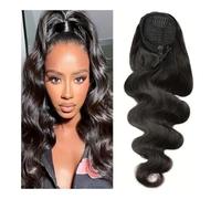 Wave Ponytail Extension Wrap Around Magic Paste Clip In Real Brazilian Human Hair pieces For Black Women Natural Black(14inch)
