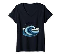 Wave Rider Surfer Ocean Beach Graphic Design V-Neck T-Shirt, Women, Black, M
