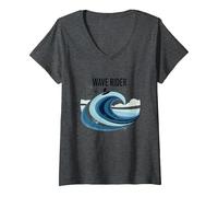 Wave Rider Surfer Ocean Beach Graphic Design V-Neck T-Shirt, Women, Dark Heather Grey, XXL